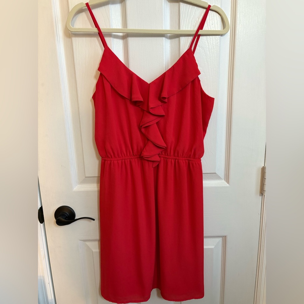Alya Red Ruffle-Neck Mini Dress, Size Medium